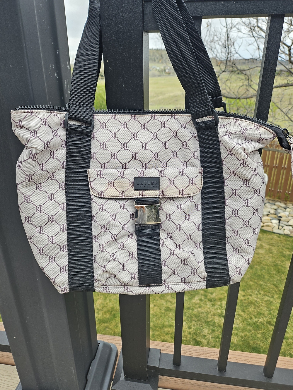 Lauren Ralph Lauren Cream Logo Tote with Black Straps
